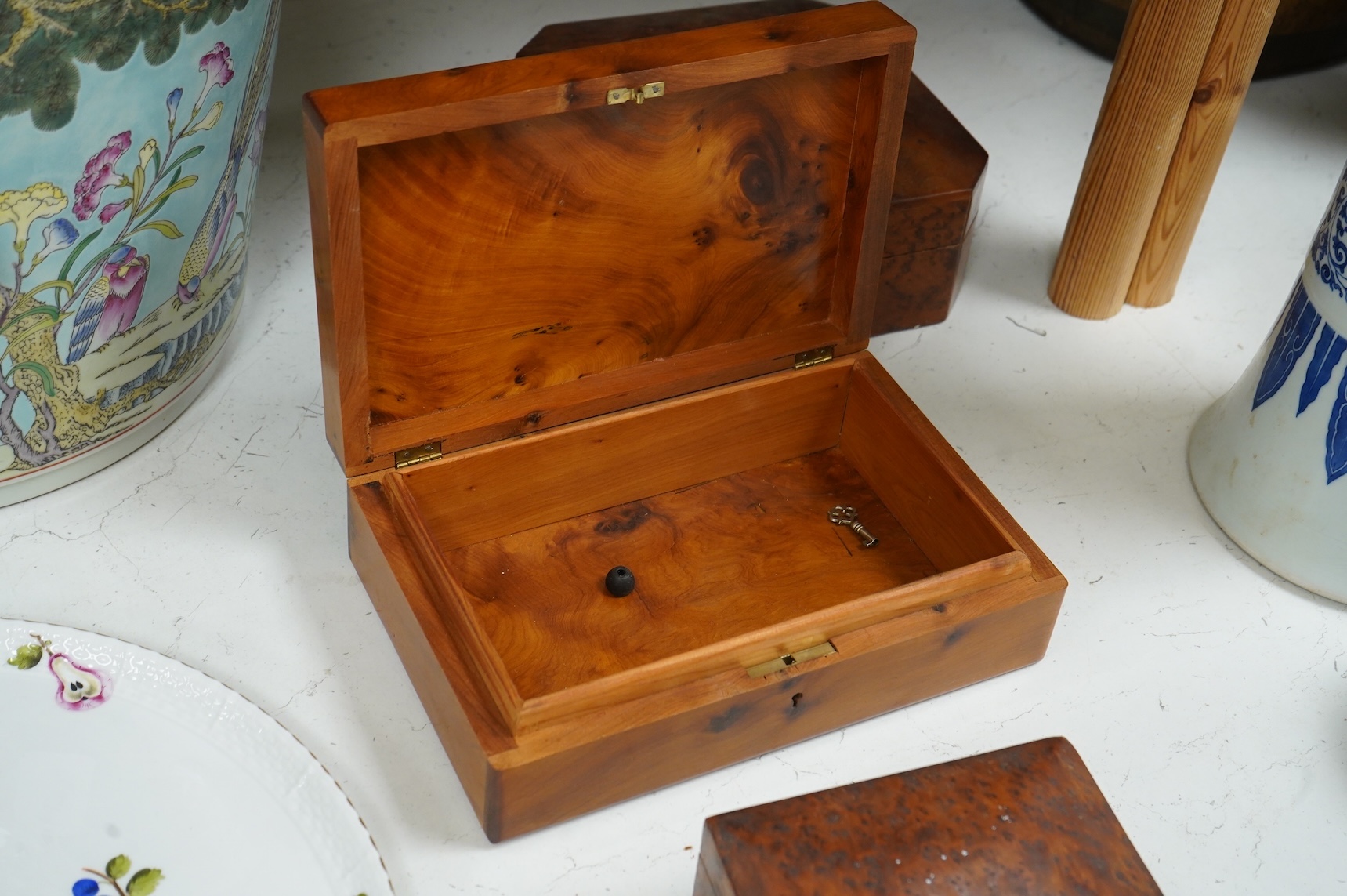 A collection of assorted 20th century yew wood boxes